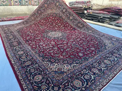 9x12 Antique Turkish Rug, Maroon Navy Wool Carpet | Hand Knotted Tribal Area Rug | Caucasian Style Wool Floor 