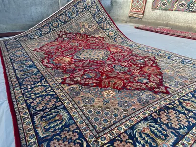 9x12 Persian-Style Kerman Design Rug | Vintage Turkish Hand Knotted Wool | Red Navy Botanical Medallion Carpet