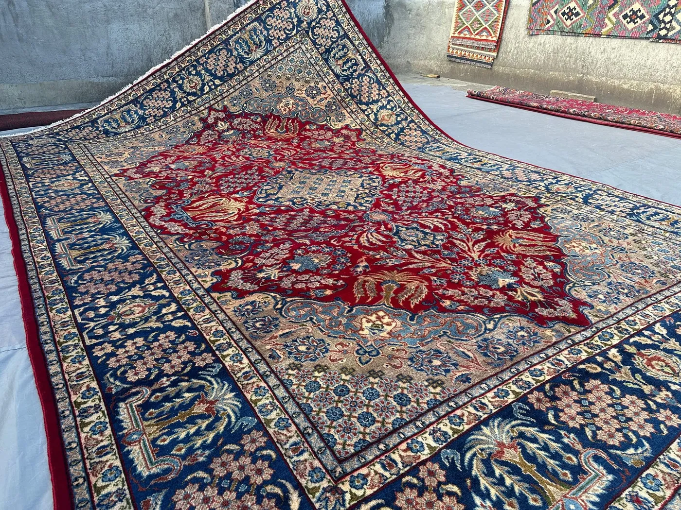 9x12 Persian-Style Kerman Design Rug | Vintage Turkish Hand Knotted Wool | Red Navy Botanical Medallion Carpet