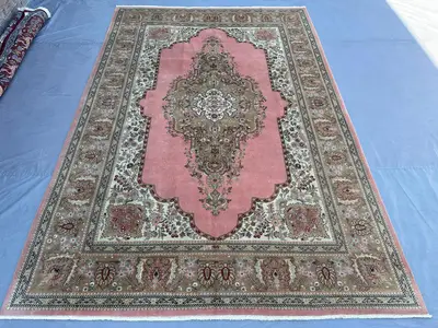 7x10 Turkish Rug | Persian-Style Tabriz Design | Hand Knotted Wool | Pink Floral Medallion Carpet