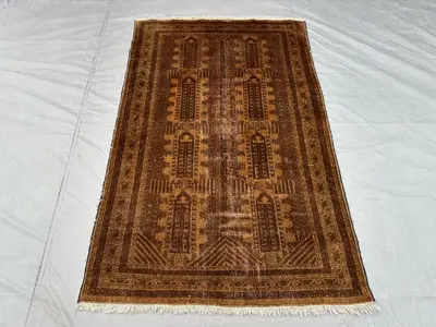 4x7 Antique Afghan Baluch Rug, Tribal Wool Rug | Hand Knotted Brown Prayer Rug | 1960s Vintage Baluchi Carpet 