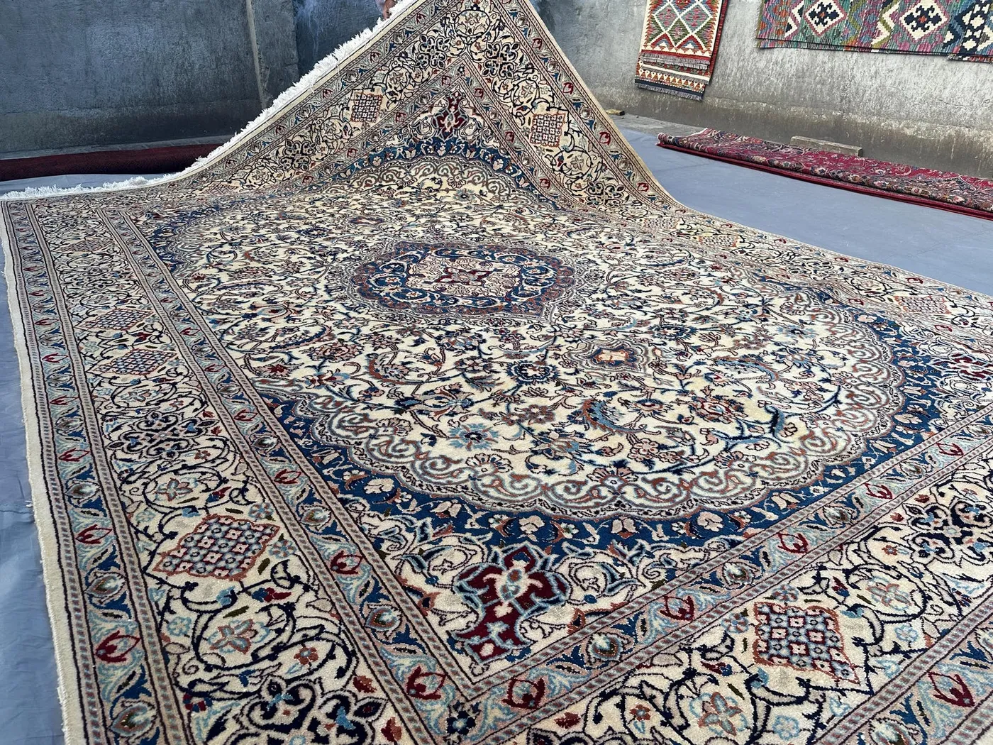 8x11 Persian-Style Nain Design Rug | Vintage Turkish Hand Knotted Wool | Ivory Blue Floral Medallion Large Carpet