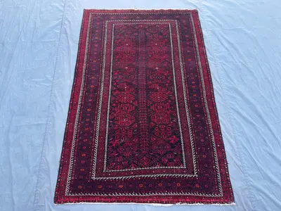 4x6 ft Antique Afghan Baluch Rug | Hand Knotted Tribal Wool Carpet | Dark Red Geometric Design | Vintage Nomad