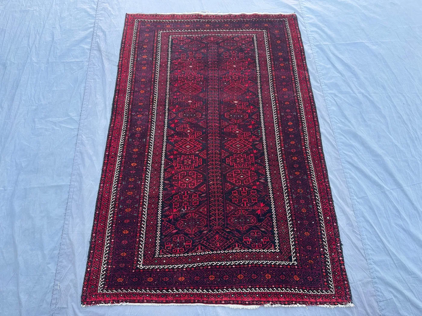 4x6 ft Antique Afghan Baluch Rug | Hand Knotted Tribal Wool Carpet | Dark Red Geometric Design | Vintage Nomadic Decor Rug, Kitchen Rug