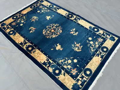 3'2x5 ft Afghan Silk Wool Rug | Hand Knotted Tribal Rug | Blue Moroccan Style Oriental Carpet | Floral Vintage