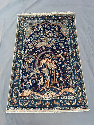 4x5 Antique Pictorial Rug | Turkish Hand Knotted Wool Rug | Bird Wall Hanging Art | Vintage Wool Carpet | Anim