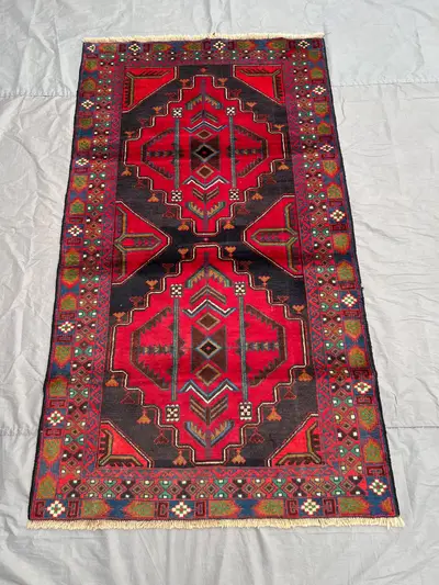 3'10x6'7 ft Vintage Afghan Baluch Rug | Hand Knotted Wool Tribal Carpet | Red Black Geometric Pattern | Kitche