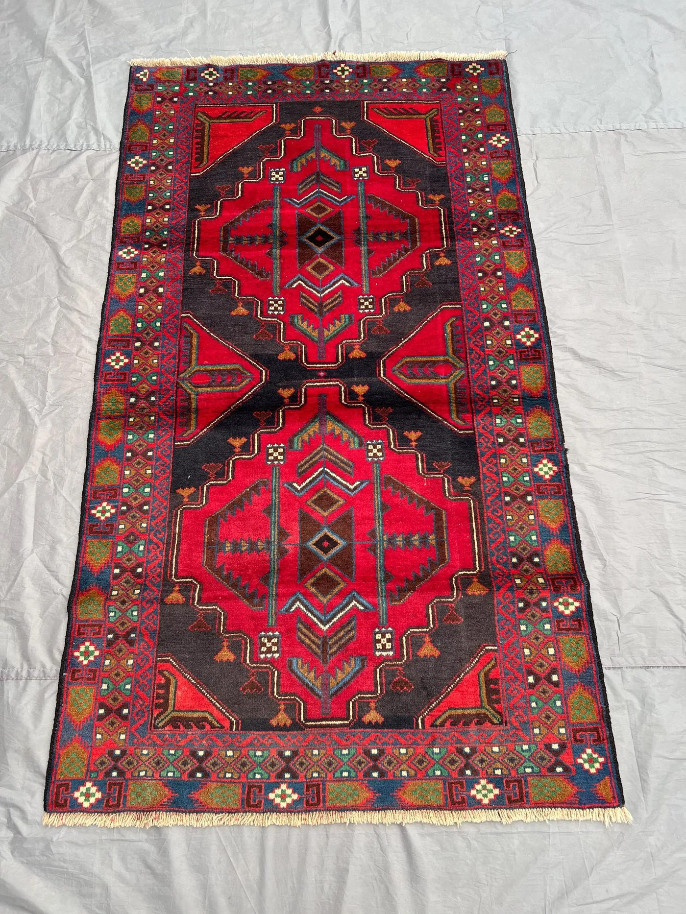 3'10x6'7 ft Vintage Afghan Baluch Rug | Hand Knotted Wool Tribal Carpet | Red Black Geometric Pattern | Kitchen Area Decor Rug, Bedroom Rug