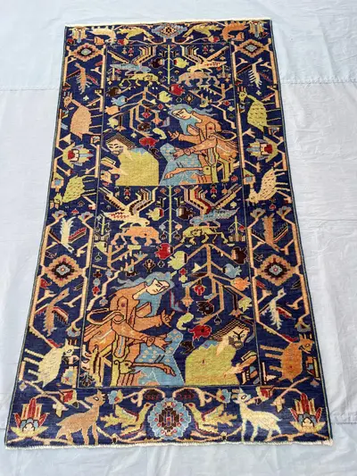 3'6"x6'4" Antique Afghan Baluch Pictorial Rug | Tribal Animal Hunting & Birds Design | Nomadic Art Rug | Vinta