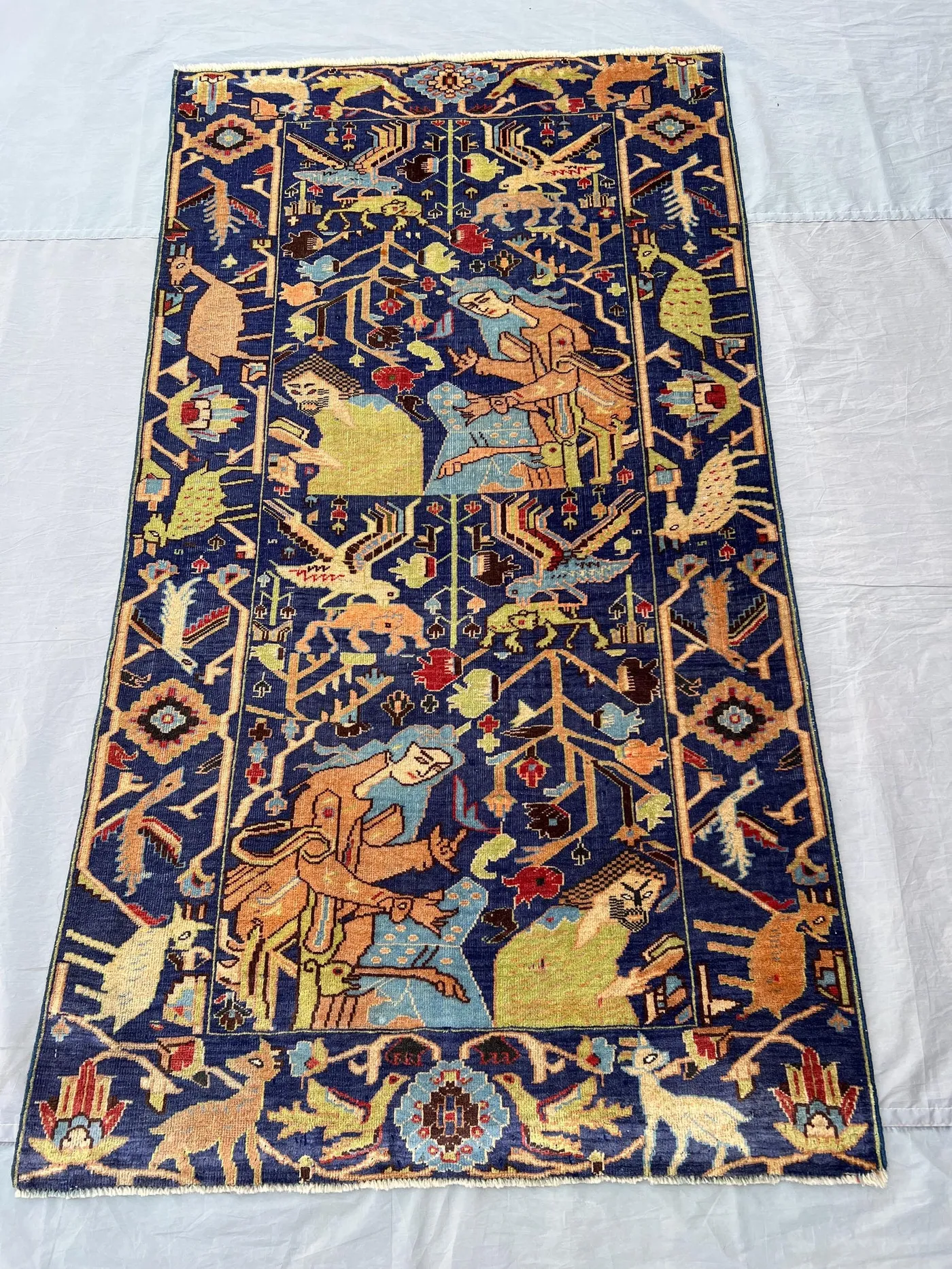 3'6"x6'4" Antique Afghan Baluch Pictorial Rug | Tribal Animal Hunting & Birds Design | Nomadic Art Rug | Vintage Wall Hanging or Office Rug
