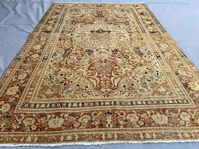 4'1x6'1 Persian-Style Tabriz Design Rug | 1900s Antique Turkish Hand Knotted Wool | Faded Terracotta Camel Dis