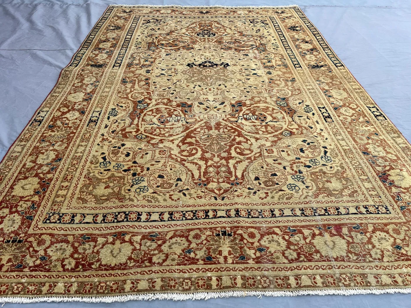 4'1x6'1 Persian-Style Tabriz Design Rug | 1900s Antique Turkish Hand Knotted Wool | Faded Terracotta Camel Distressed