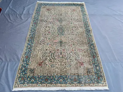 5'0x8'2 Persian-Style Kashan Design Rug | Vintage 1960s Hand-Knotted Afghan Wool | Ivory Field, Teal Border Me