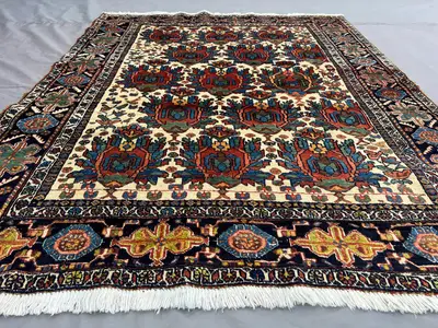 4x5 Persian-Style Boteh Paisley Design Rug | Hand-Knotted Wool | Ivory Field, Colorful Rows | Vintage Afghan T