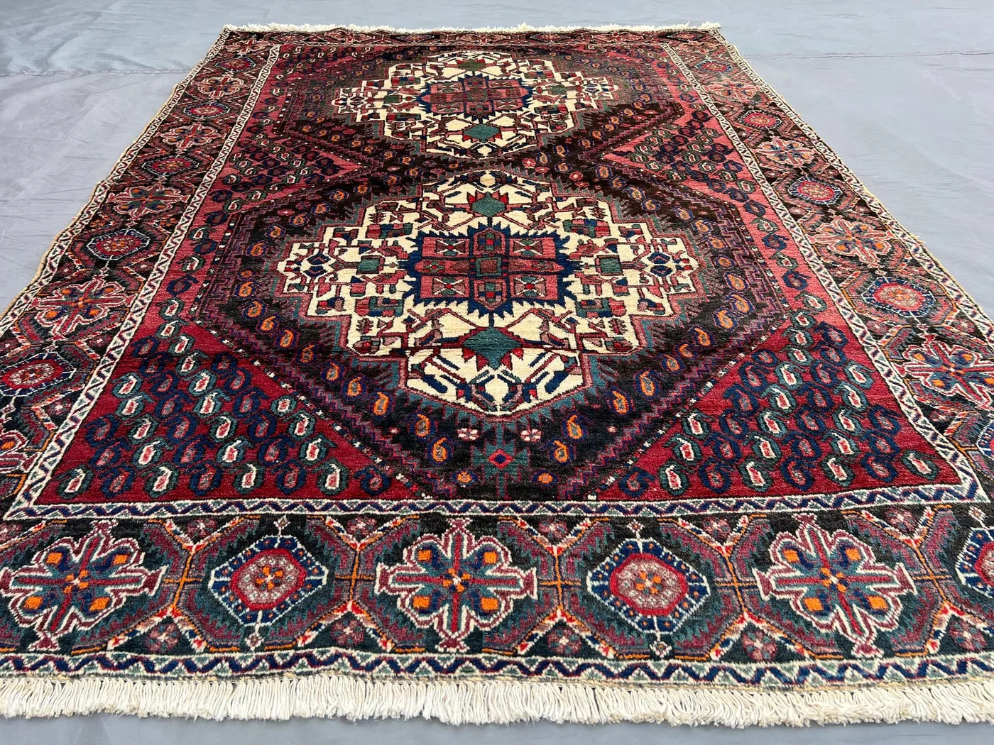 4'5x6'3 Persian-Style Qashqai Design Rug | Hand-Knotted Afghan Wool | Navy Boteh Field Ivory Medallion Rug