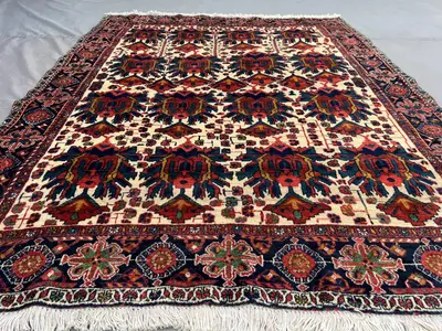 5x6 Persian-Style Bakhtiari Shrub Design Rug | Antique Hand Knotted Afghan Wool | Ivory Red Navy Floral Rows