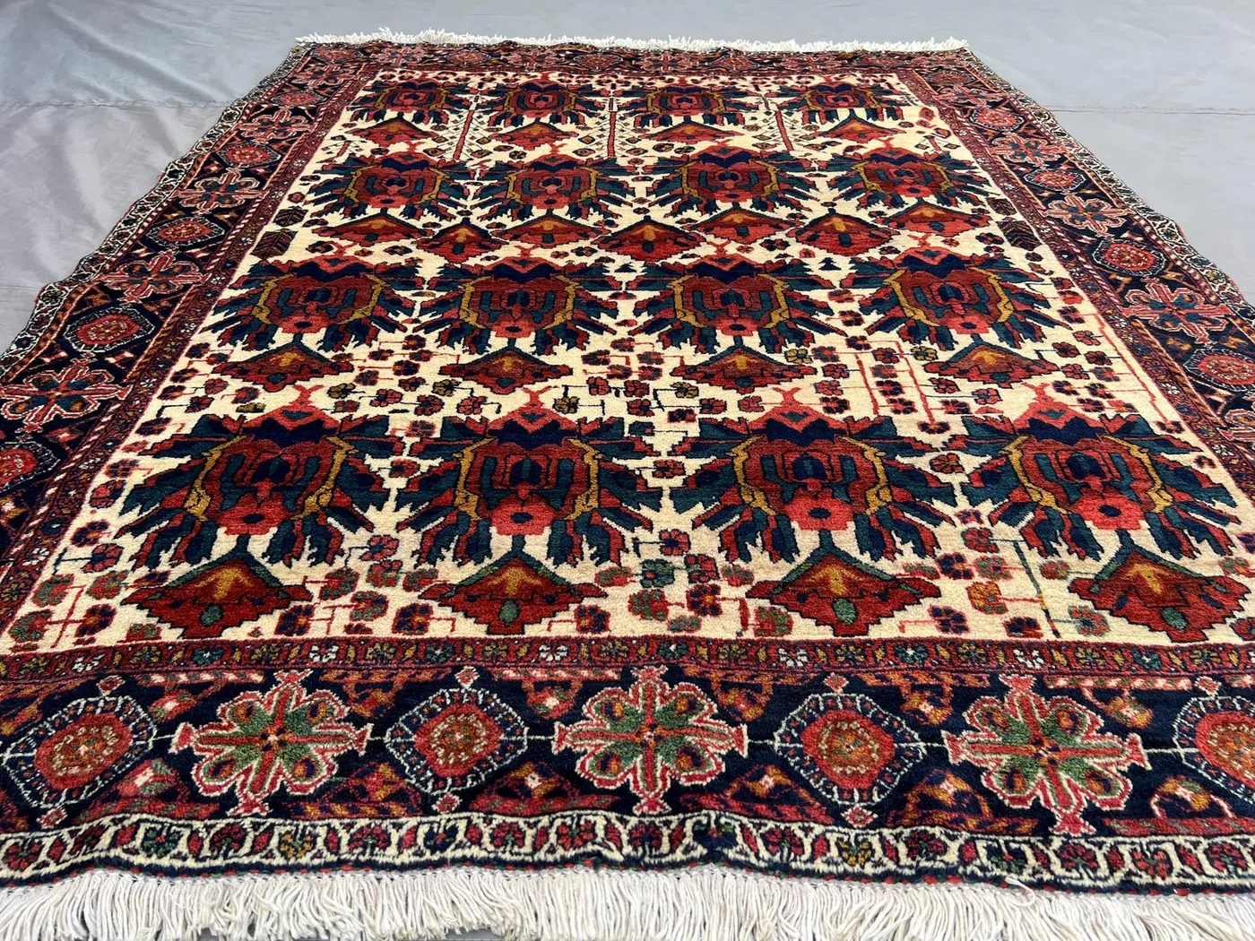 5x6 Persian-Style Bakhtiari Shrub Design Rug | Antique Hand Knotted Afghan Wool | Ivory Red Navy Floral Rows