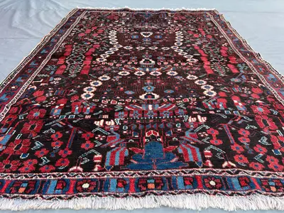 4'4x6'1 ft Antique Afghan Rug | Hand-Knotted Wool Tribal Carpet | Caucasian Style Floral Rug | Vintage Red Blu