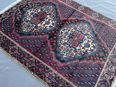 5x6 Vintage Afghan Rug | Hand-Knotted Wool Carpet | Tribal Medallion Design | Oriental Red Navy Rug | Boho Woo