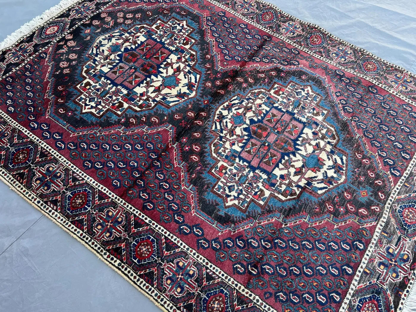 5x6 Vintage Afghan Rug | Hand-Knotted Wool Carpet | Tribal Medallion Design | Oriental Red Navy Rug | Boho Wool Area Rug for Home Decor
