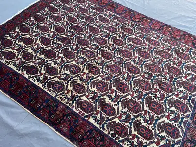 5'4x7'2 ft Antique Afghan Rug | Hand-Knotted Wool Carpet | Caucasian Style Vintage Tribal Area Rug | Red Navy 