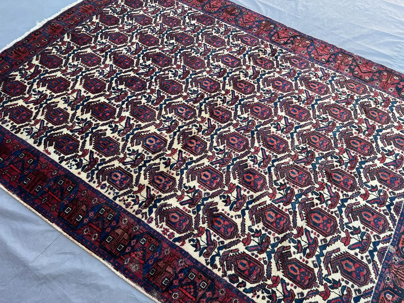 5'4x7'2 ft Antique Afghan Rug | Hand-Knotted Wool Carpet | Caucasian Style Vintage Tribal Area Rug | Red Navy Cream Geometric Pattern, Floor