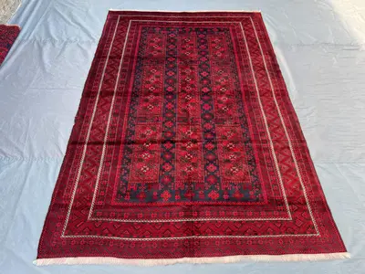 Afghan Hand Knotted Baluchi Rug 6x9 Tribal Wool Area Carpet | Red Black Geometric Pattern | Vintage Nomadic Ru