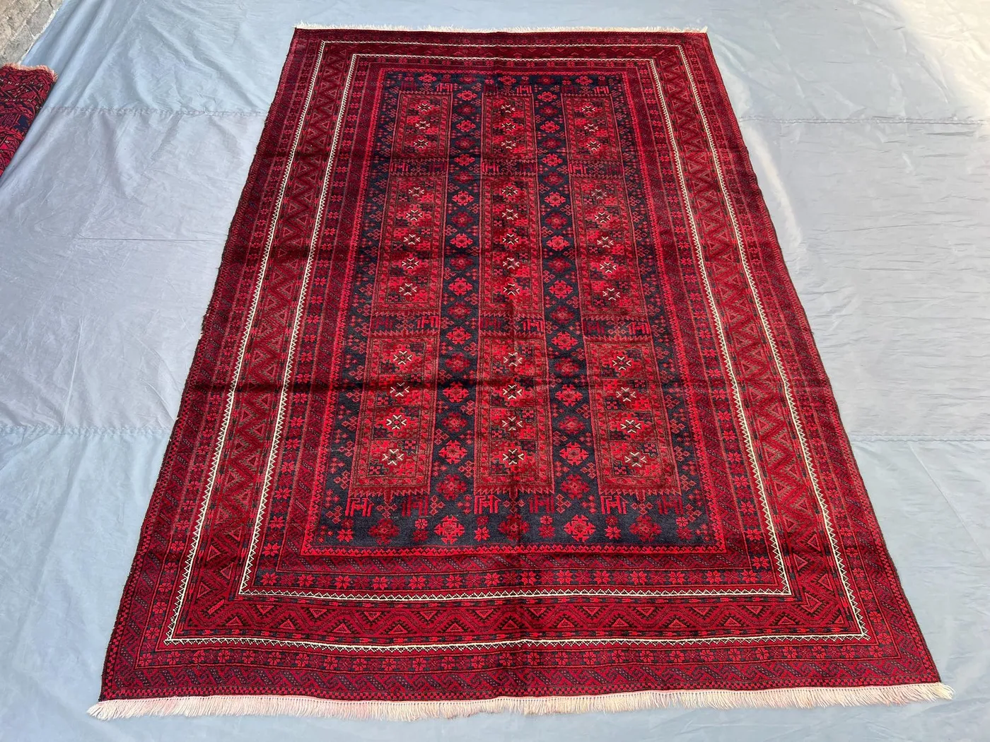 Afghan Hand Knotted Baluchi Rug 6x9 Tribal Wool Area Carpet | Red Black Geometric Pattern | Vintage Nomadic Rug for Home Decor, Bedroom Rug