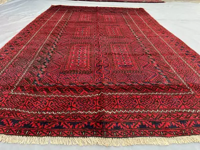 6x9'4" Antique Afghan Baluch Tribal Rug | Turkmen Bukhara Pattern | Geometric Wool Area Rug | Vintage Carpet |