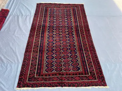 5x8 Antique Afghan Tribal Rug | Hand-Knotted Wool Carpet | Vintage Baluch Turkmen Design | Red Navy Geometric 