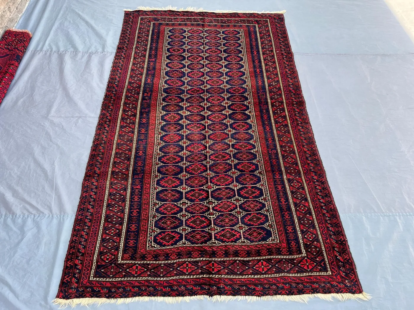 5x8 Antique Afghan Tribal Rug | Hand-Knotted Wool Carpet | Vintage Baluch Turkmen Design | Red Navy Geometric Area Runner, Bedroom Rug