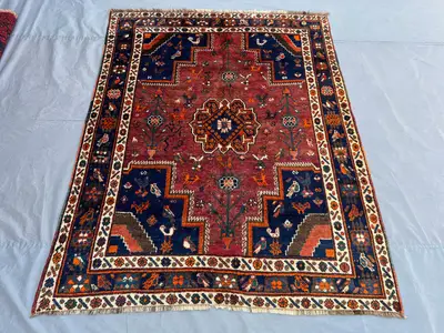 5'3x6'8 Persian-Style Qashqai Shiraz Design Rug | Antique 1900s Hand-Knotted Wool | Rust Field, Bird & Tree Mo