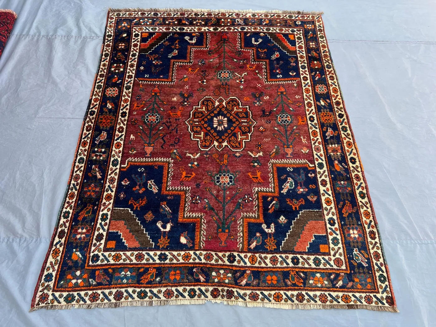 5'3x6'8 Persian-Style Qashqai Shiraz Design Rug | Antique 1900s Hand-Knotted Wool | Rust Field, Bird & Tree Motifs