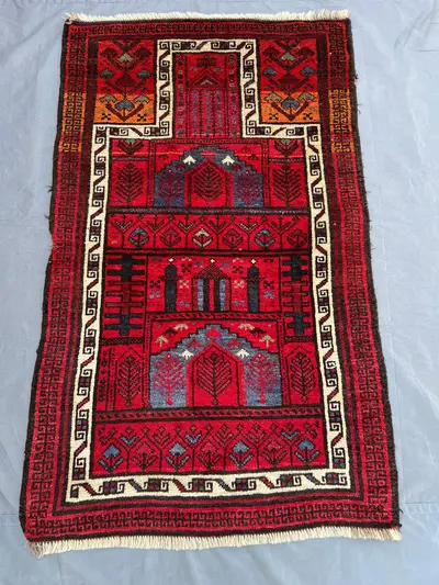 3x5 Antique Baluch Prayer Rug | Afghan Hand-Knotted Wool Carpet | Tribal Islamic Design | Red Blue Mihrab Rug 