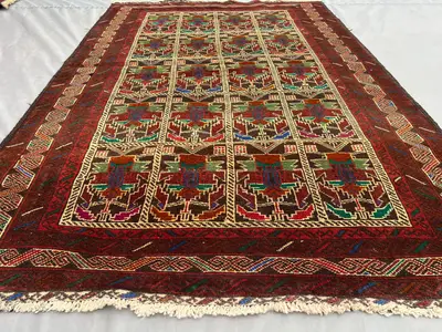4x6 ft Antique Afghan Hand Knotted Tribal Baluch Rug, Geometric Wool Rug | Turkmen Style High-Quality Wool Car