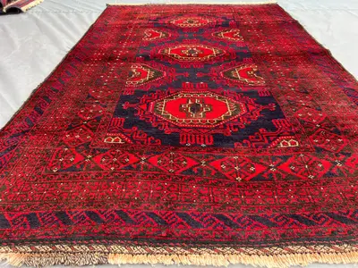4'2x6'4 ft Antique Afghan Hand Knotted Tribal Rug | Red, Blue, and Gold Wool Carpet | Geometric Pattern, Kitch