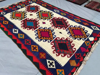 5x8 Handmade Turkish Tribal Kilim Rug | Geometric Wool Area Rug, Colorful Wool Kilim | Living Room & Bedroom D