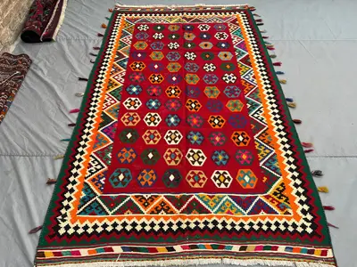 5'7x9'4 ft Vintage Turkish Kilim Rug | Handmade Wool Geometric Design | Bright Colors | Red, Green, Orange, Bl
