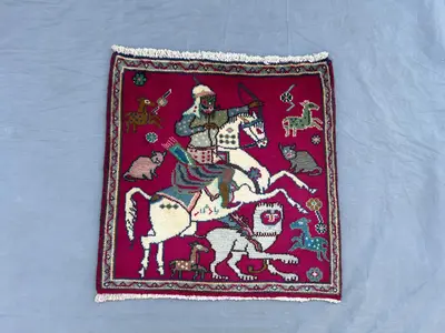 2x2 ft Antique Turkish Pictorial Rug | Hand Knotted Wool Horse Rider Wall Hanging | Caucasian Tribal Accent Ru