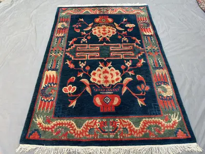 5'7x8'3 Antique Khotan Style Dragon & Peony Rug | Hand Knotted Wool Pictorial Carpet | Navy Chinese Fret Desig