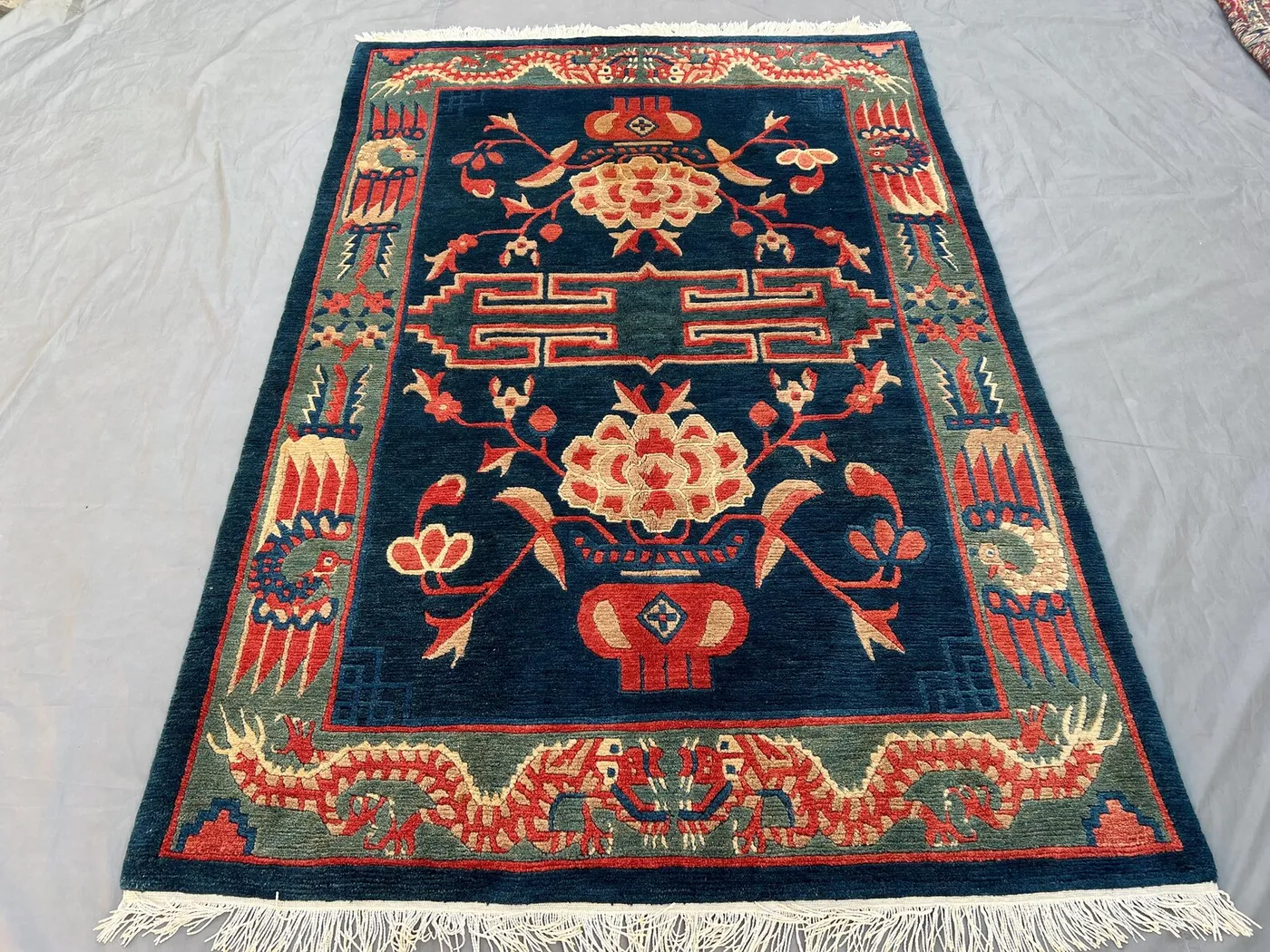 5'7x8'3 Antique Khotan Style Dragon & Peony Rug | Hand Knotted Wool Pictorial Carpet | Navy Chinese Fret Design
