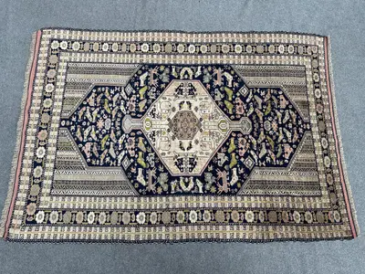 4'4x6'2 Caucasian Kazak Design Rug | Semi-Antique Hand-Knotted Wool | Pictorial Animal & Chicken Tribal Carpet