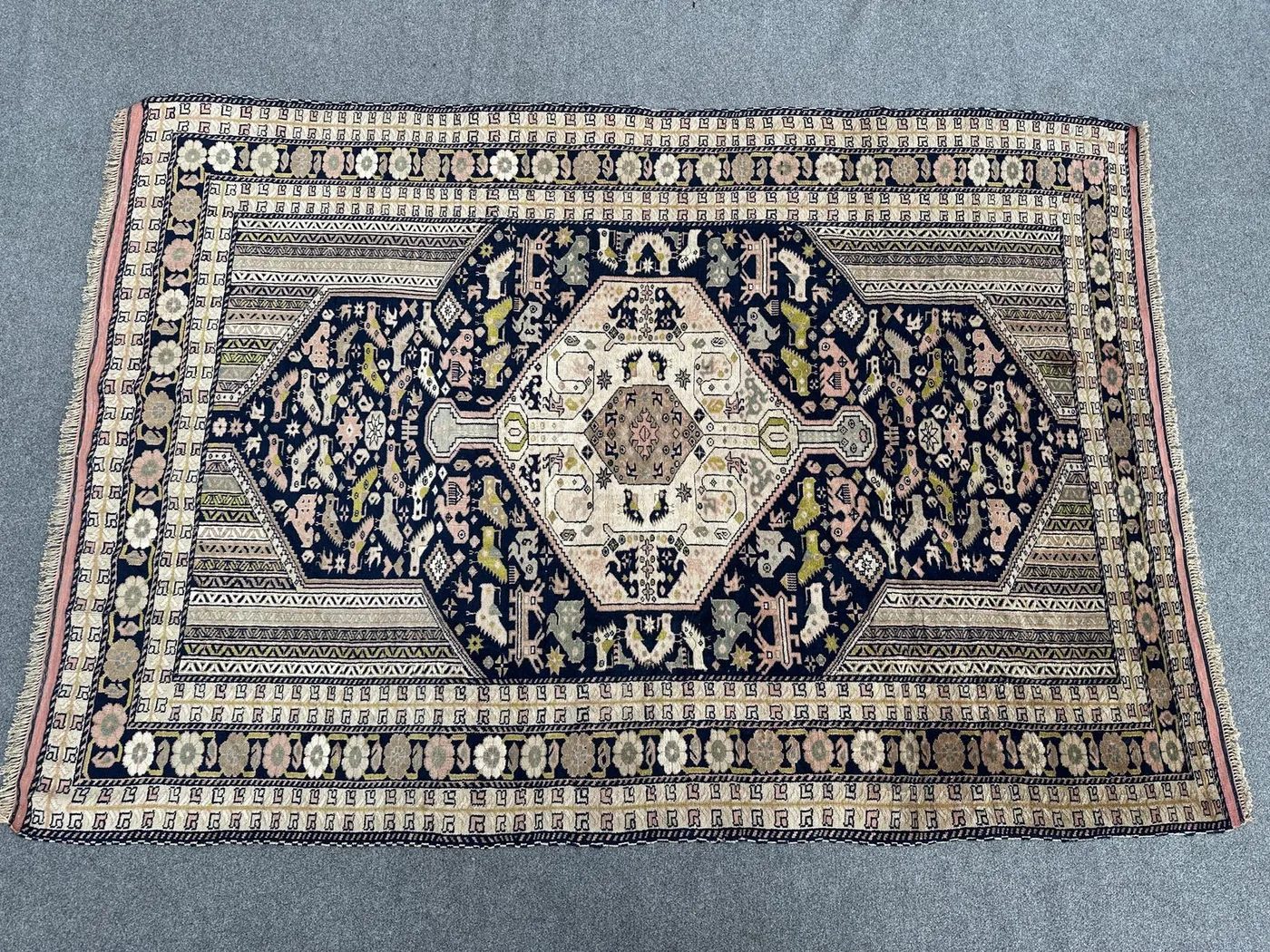 4'4x6'2 Caucasian Kazak Design Rug | Semi-Antique Hand-Knotted Wool | Pictorial Animal & Chicken Tribal Carpet