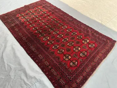 4x7 Antique Afghan Baluch Rug | Hand Knotted Wool Carpet | Turkmen Bukhara Style | Tribal Geometric Area Rug |