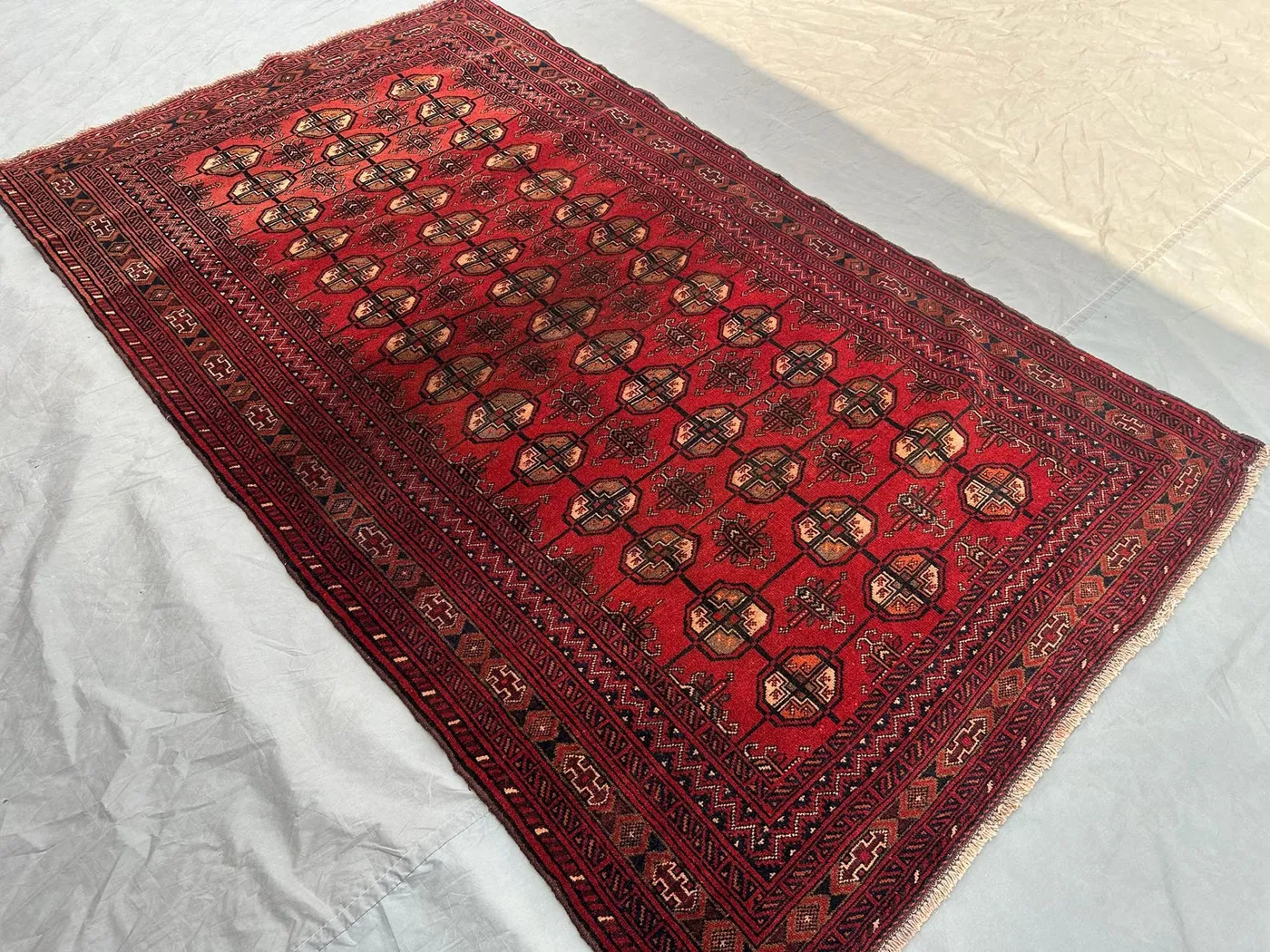 4x7 Antique Afghan Baluch Rug | Hand Knotted Wool Carpet | Turkmen Bukhara Style | Tribal Geometric Area Rug | Red Vintage Decor kitchen rug