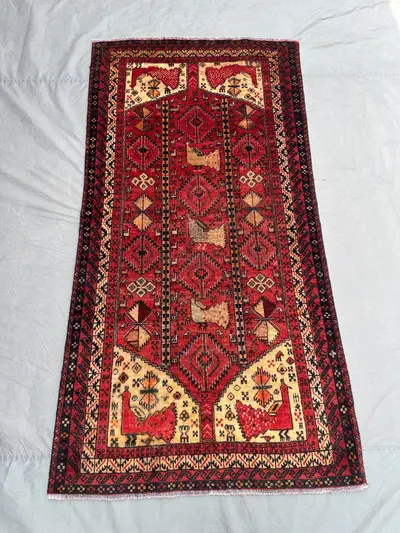 3x6 Baluch Pictorial Rug | Antique Afghan Hand Knotted Wool Carpet | Faded Tribal Art Rug with Birds | Vintage