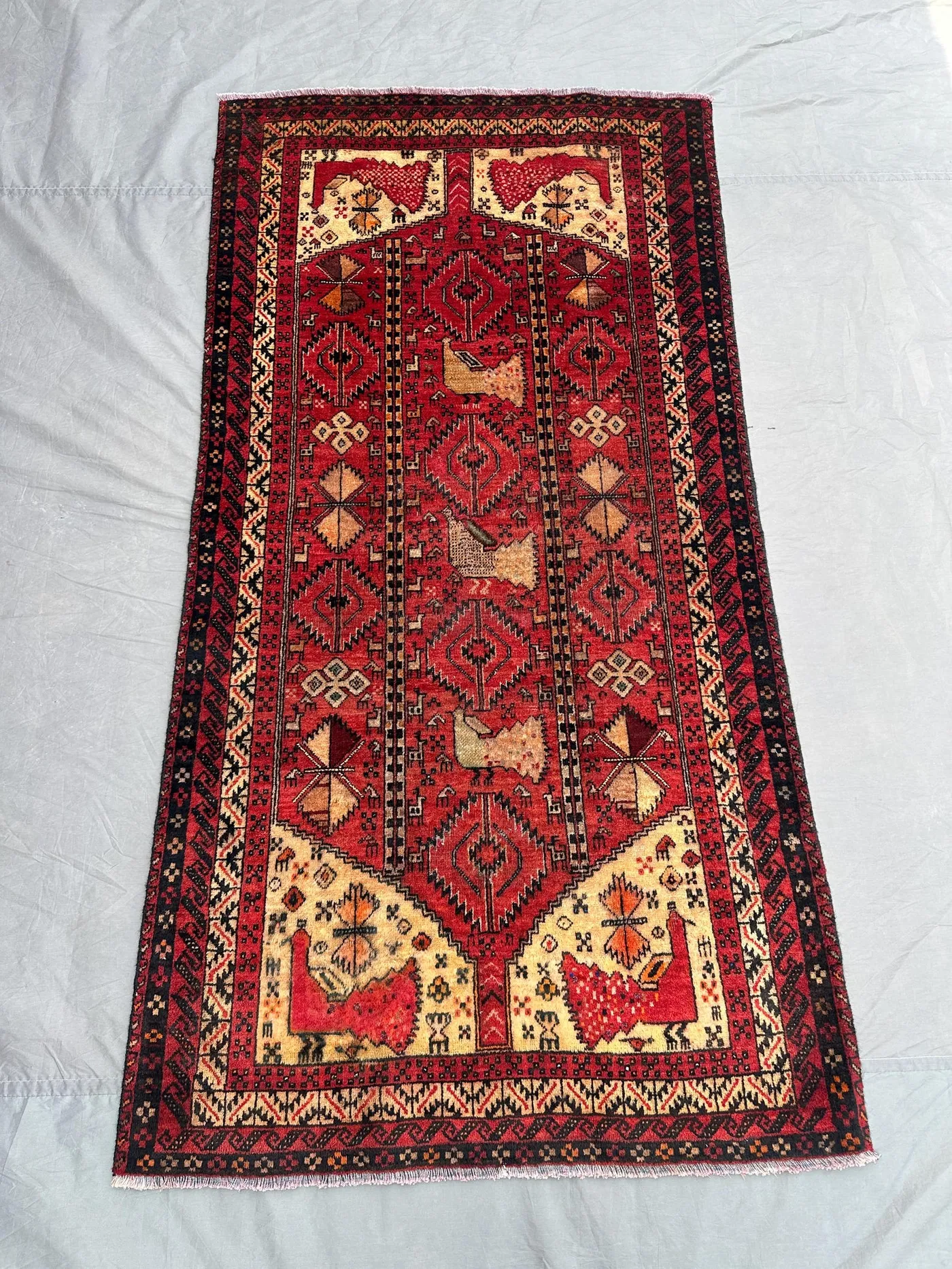 3x6 Baluch Pictorial Rug | Antique Afghan Hand Knotted Wool Carpet | Faded Tribal Art Rug with Birds | Vintage Geometric Design, Kitchen Rug