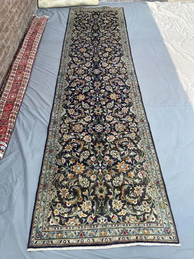 3'5x13'2 Persian-Style Kashan Floral Design Runner | Hand-Knotted Afghan Wool | Navy Vine Hallway Rug