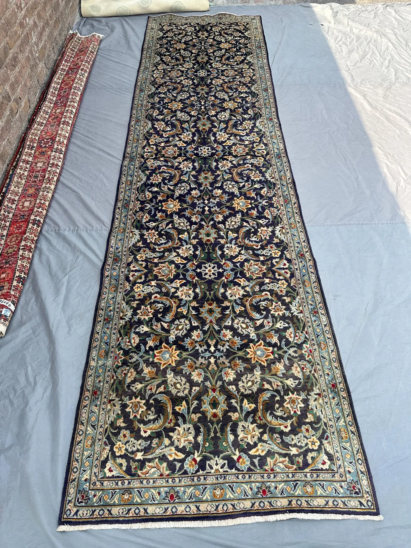 3'5x13'2 Persian-Style Kashan Floral Design Runner | Hand-Knotted Afghan Wool | Navy Vine Hallway Rug