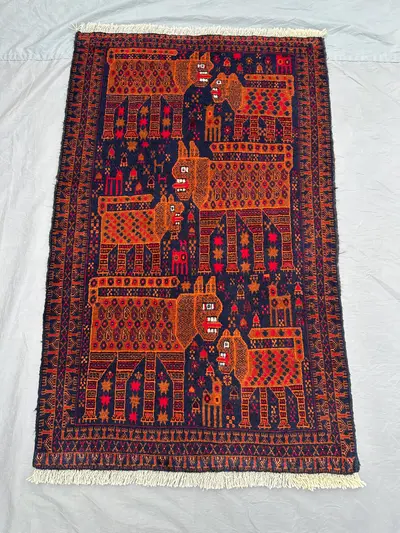 3x5 Afghan Tribal Pictorial Rug | Hand Knotted Wool Carpet | Animal Lion Design, Geometric Style | Vintage Woo